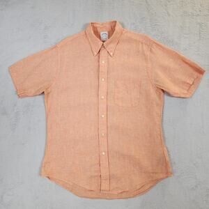 Brooks Brothers Shirt Mens L Irish Linen Short Sleeve Button Down Peach Orange